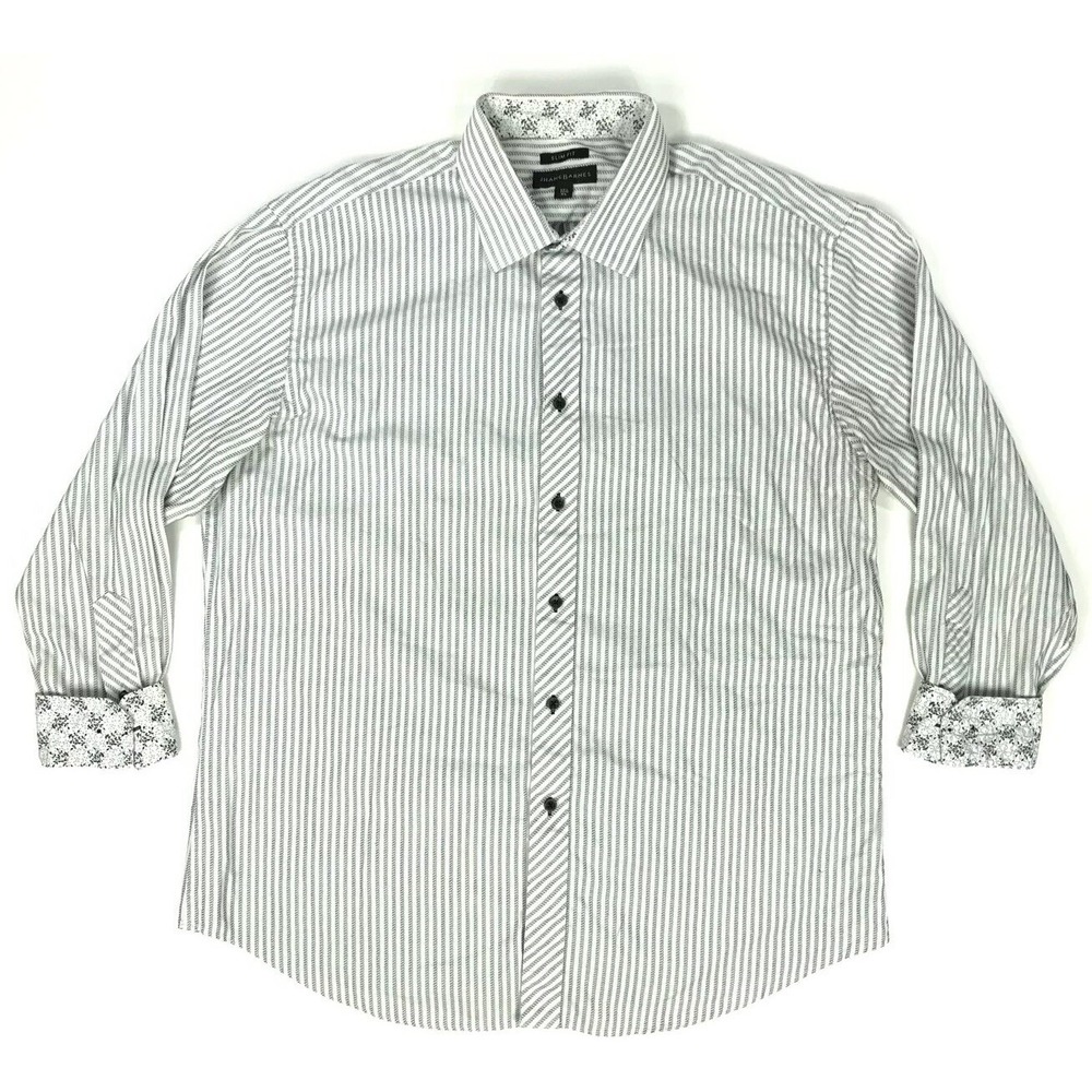 Jhane Barnes Mens XL Slim Fit Long Sleeve White Gray Striped Contrast Cuff Shirt